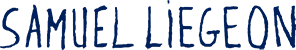 Logo du site (bleu), signature de Samuel Liégeon